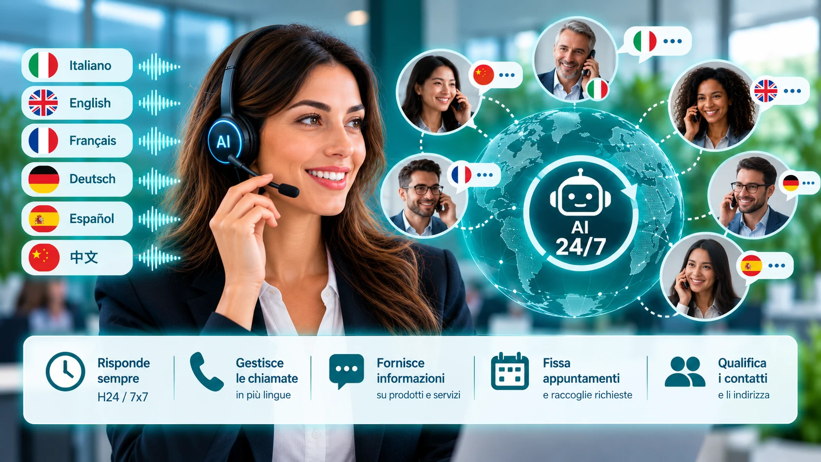 Assistente Telefonico AI multilingue AISky disponibile 24 ore su 24 e 7 giorni su 7 in italiano, inglese, francese, tedesco, spagnolo e cinese