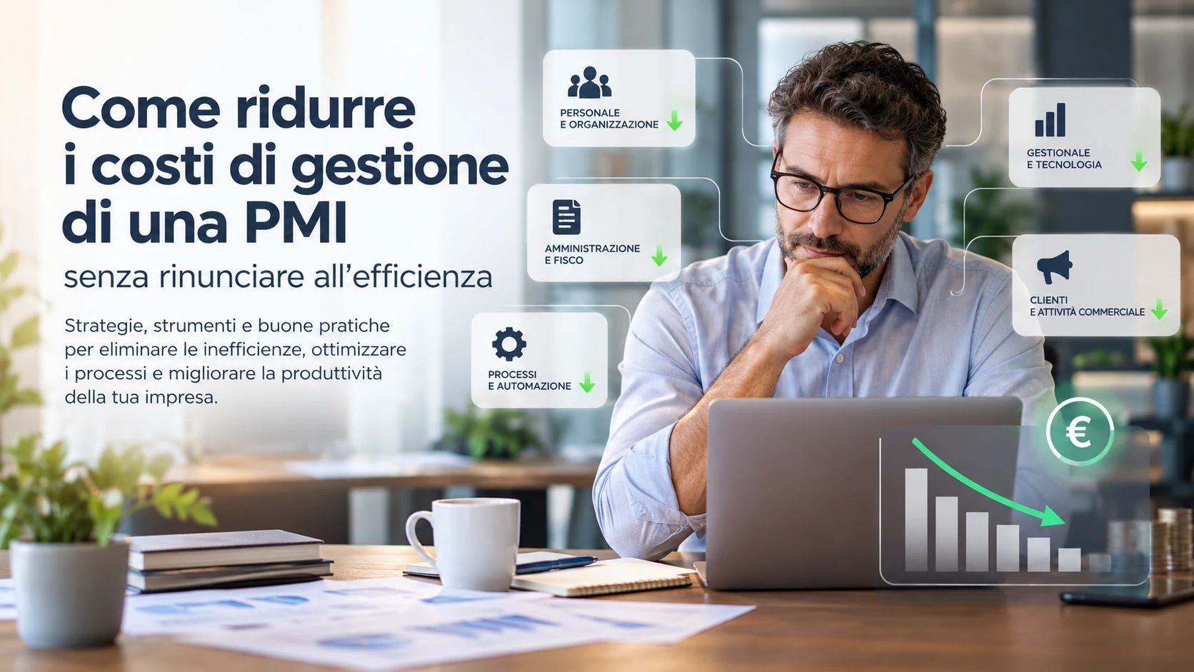 Come ridurre i costi di gestione di una PMI senza rinunciare all'efficienza: imprenditore al computer, personale, amministrazione, processi, gestionale e clienti.