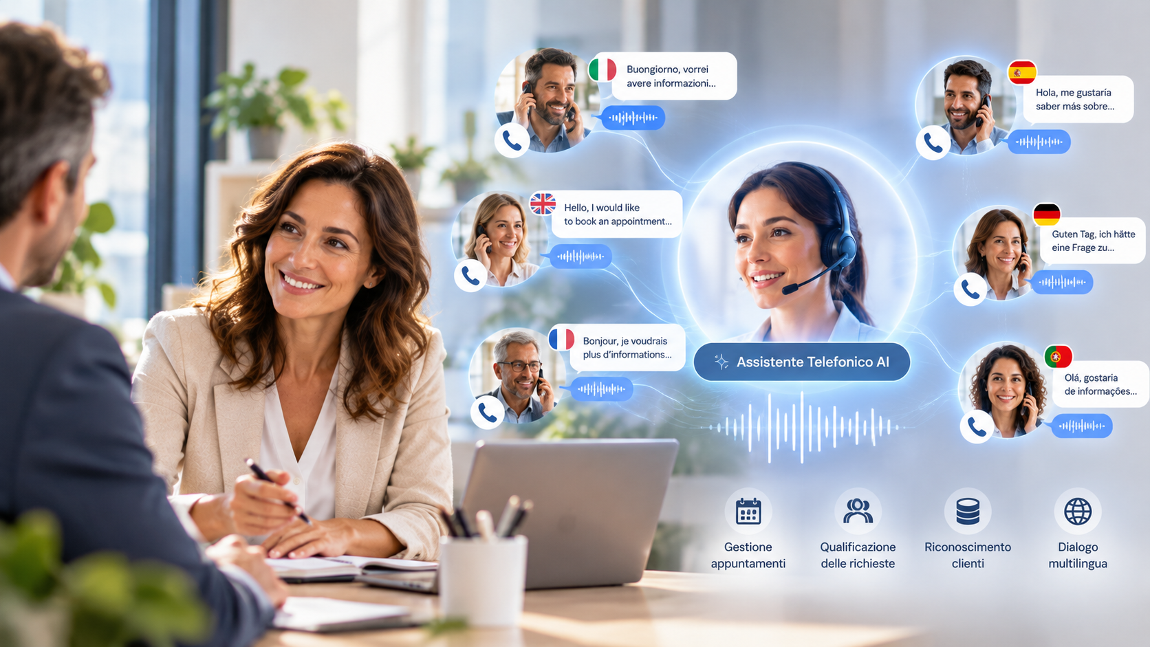 Assistente Telefonico AI: dialogo in italiano, inglese, francese, spagnolo, tedesco e portoghese, gestione appuntamenti, qualificazione richieste e riconoscimento clienti.