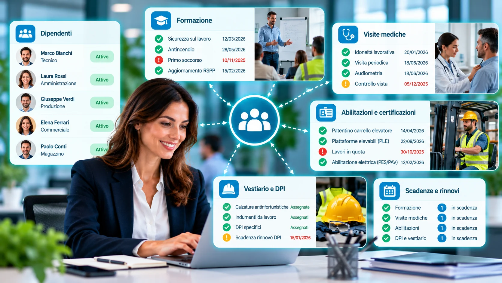 Gestione Risorse Umane SkyWork con formazione, visite mediche, abilitazioni, dotazioni di sicurezza e controllo delle scadenze