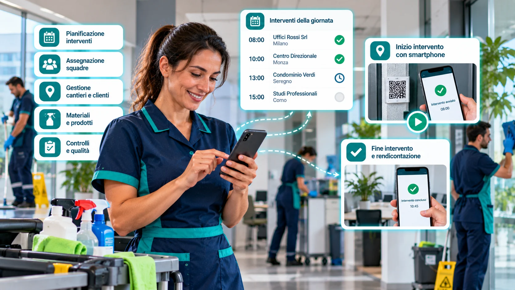 CleanWork per la gestione delle imprese di pulizie con pianificazione interventi, assegnazione squadre e registrazione attività tramite smartphone