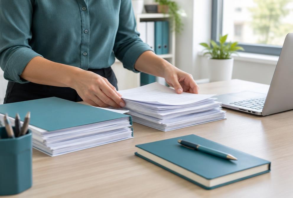 Organizzazione di documenti e attività amministrative sulla scrivania di un'impresa.